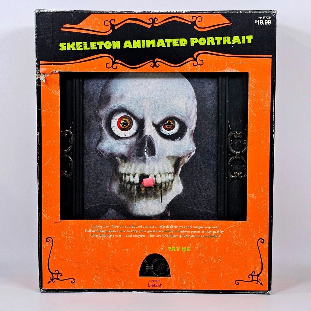 Vtg Gemmy Skeleton Animated Portrait Halloween Motion Sound Skull Eye Tongue Pop